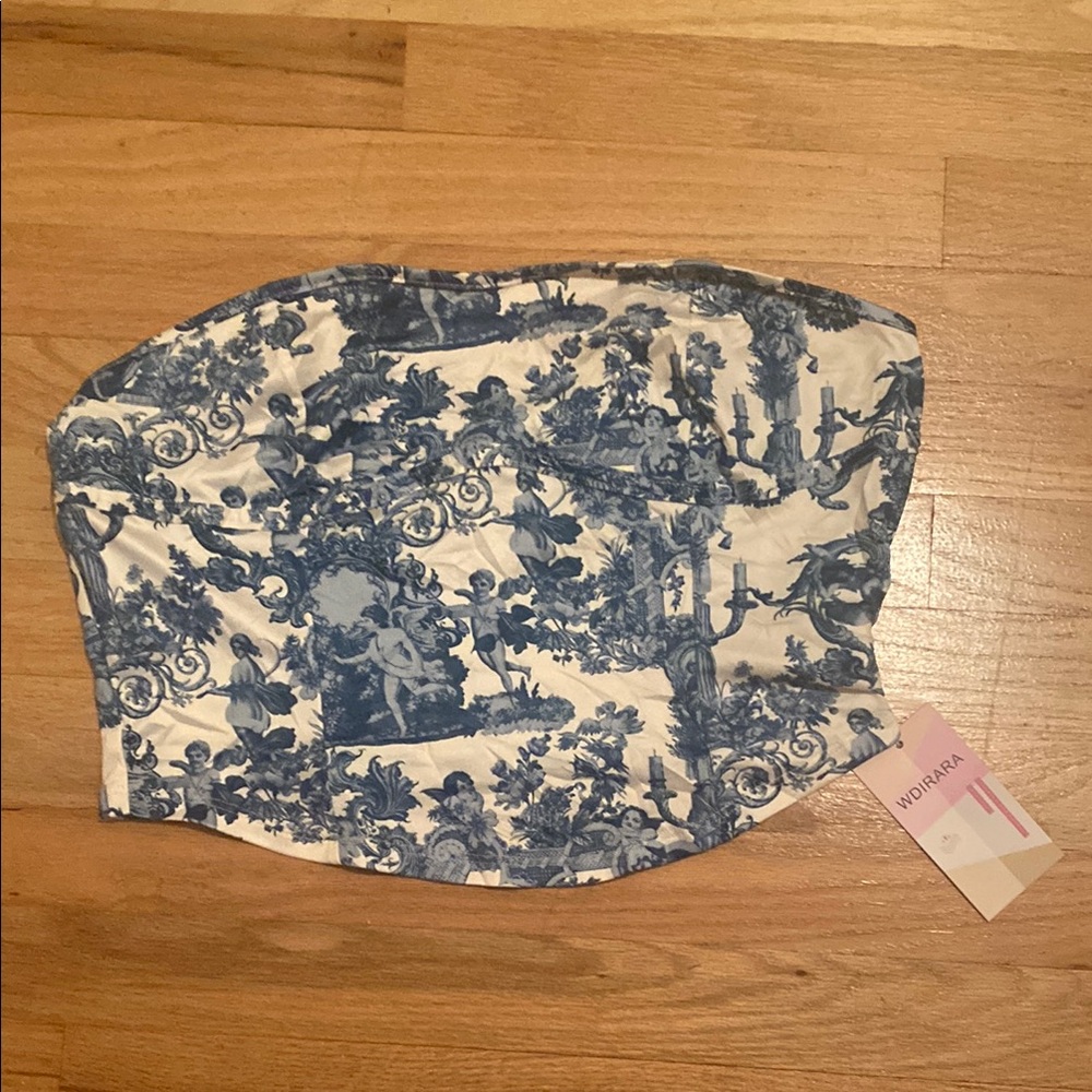 Women’s Blue and White Strapless Top